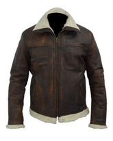 Braune Distressed-Lederjacke für Herren mit Kunstkragen